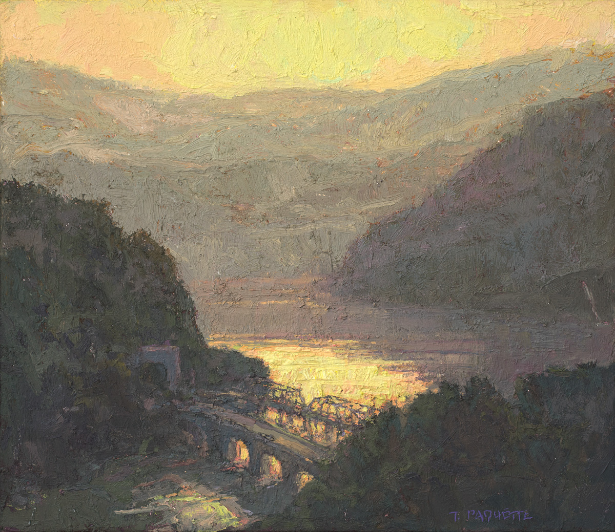contemporary landscape oil painting of Harpers Ferry at sunrise