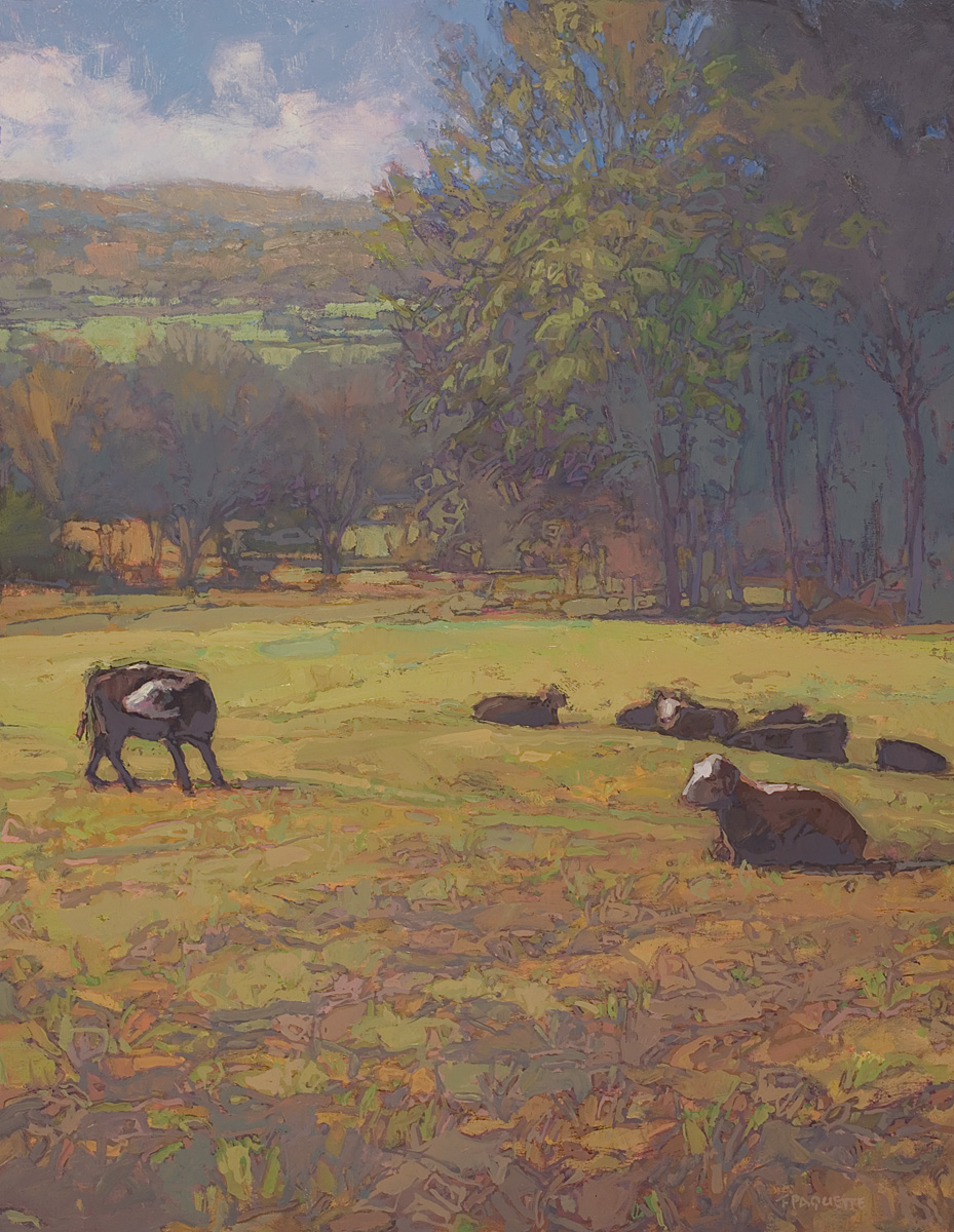 contemporary landscape oil painting of cows resting in field