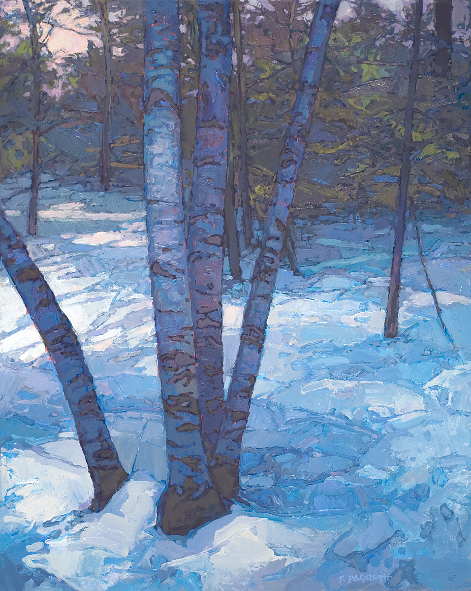 contemporary landscape oil painting of birch trees in snow