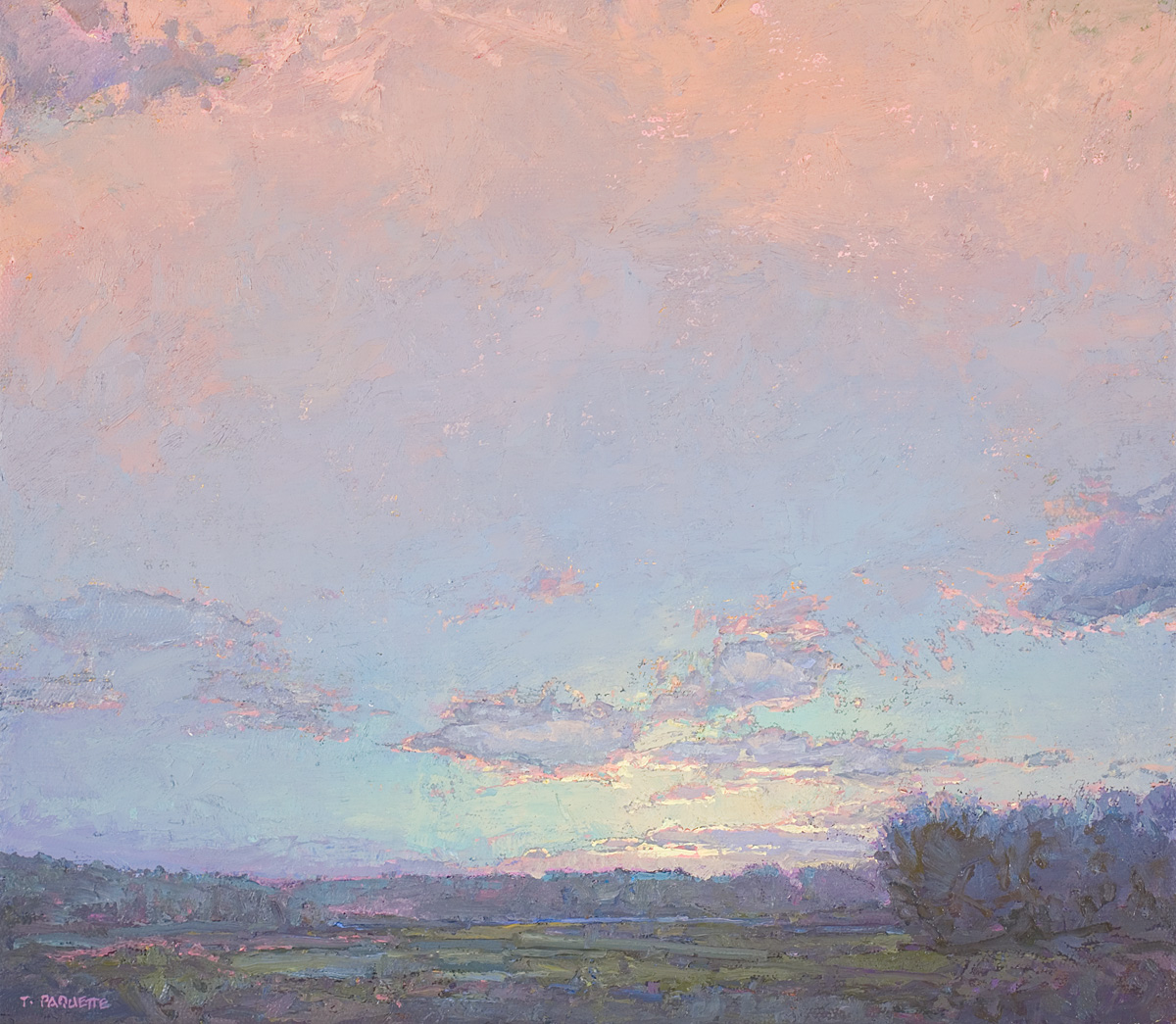 contemporary landscape oil painting of sunset over a field