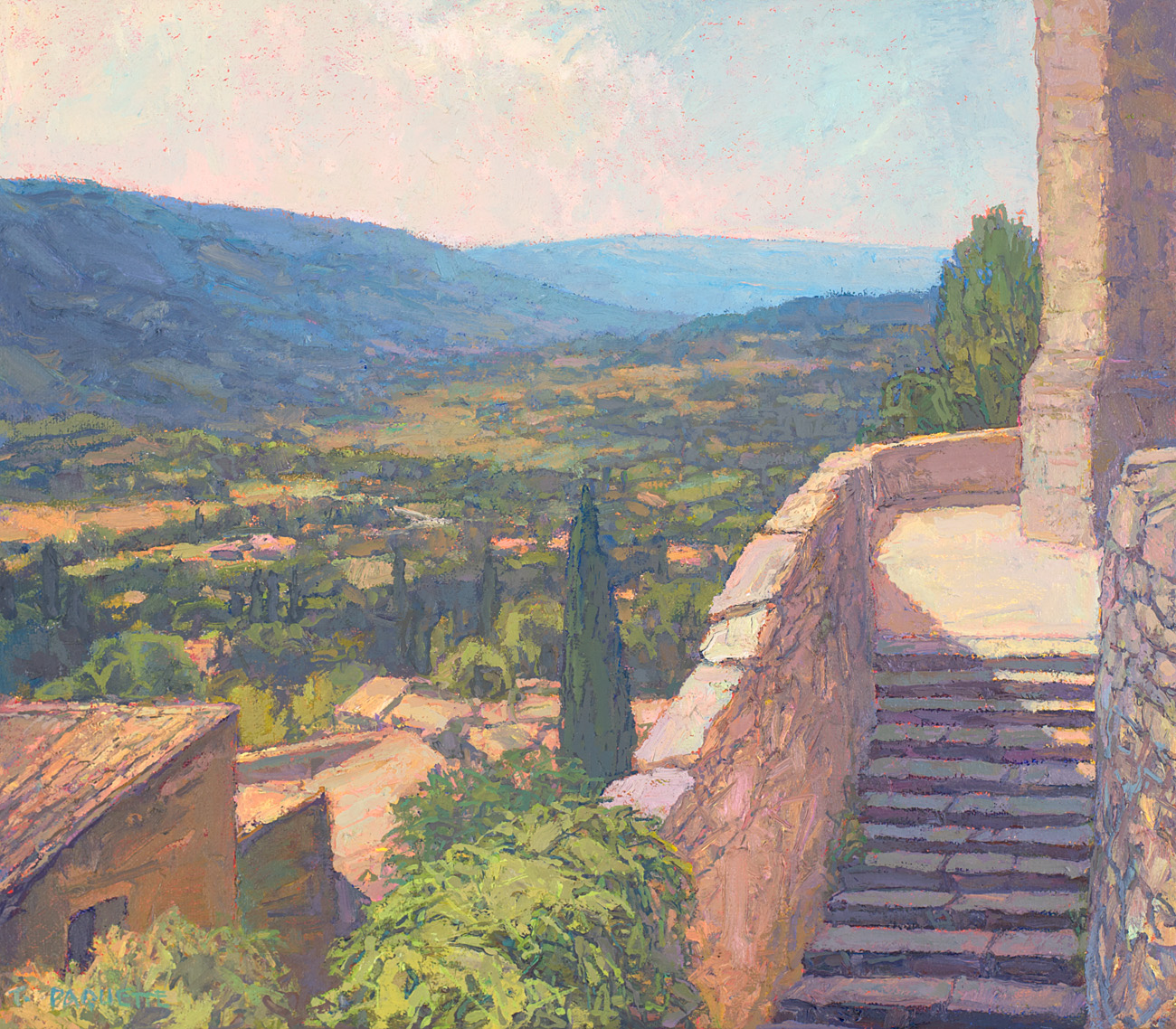 contemporary landscape oil painting of distance view from eglise at Bonnieux, Luberon Valley, France