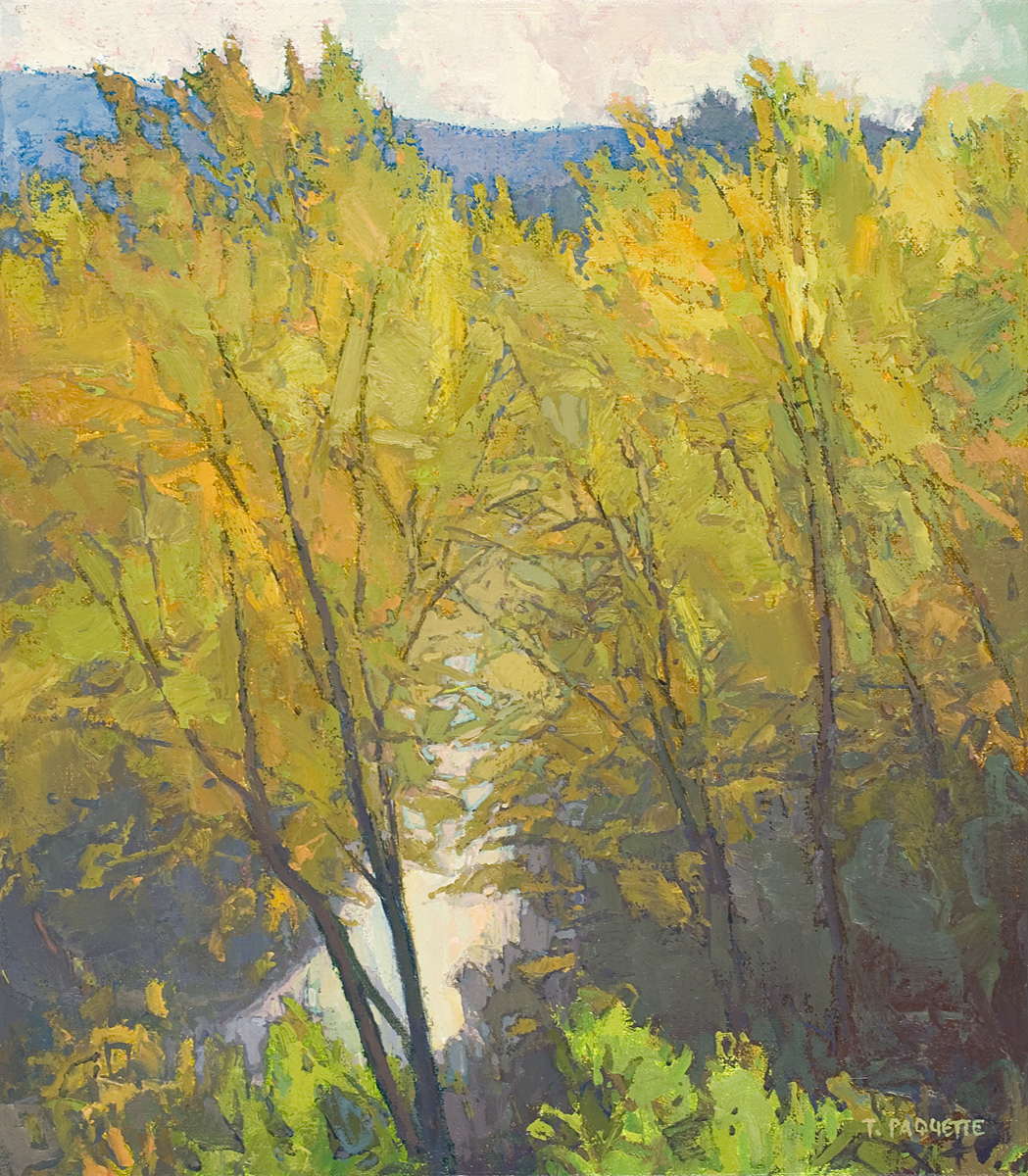 contemporary landscape oil painting of trees with a peek of road