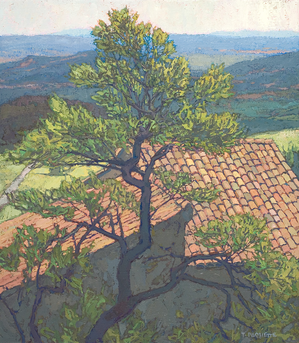 contemporary landscape oil painting of view in Luberon valley, France