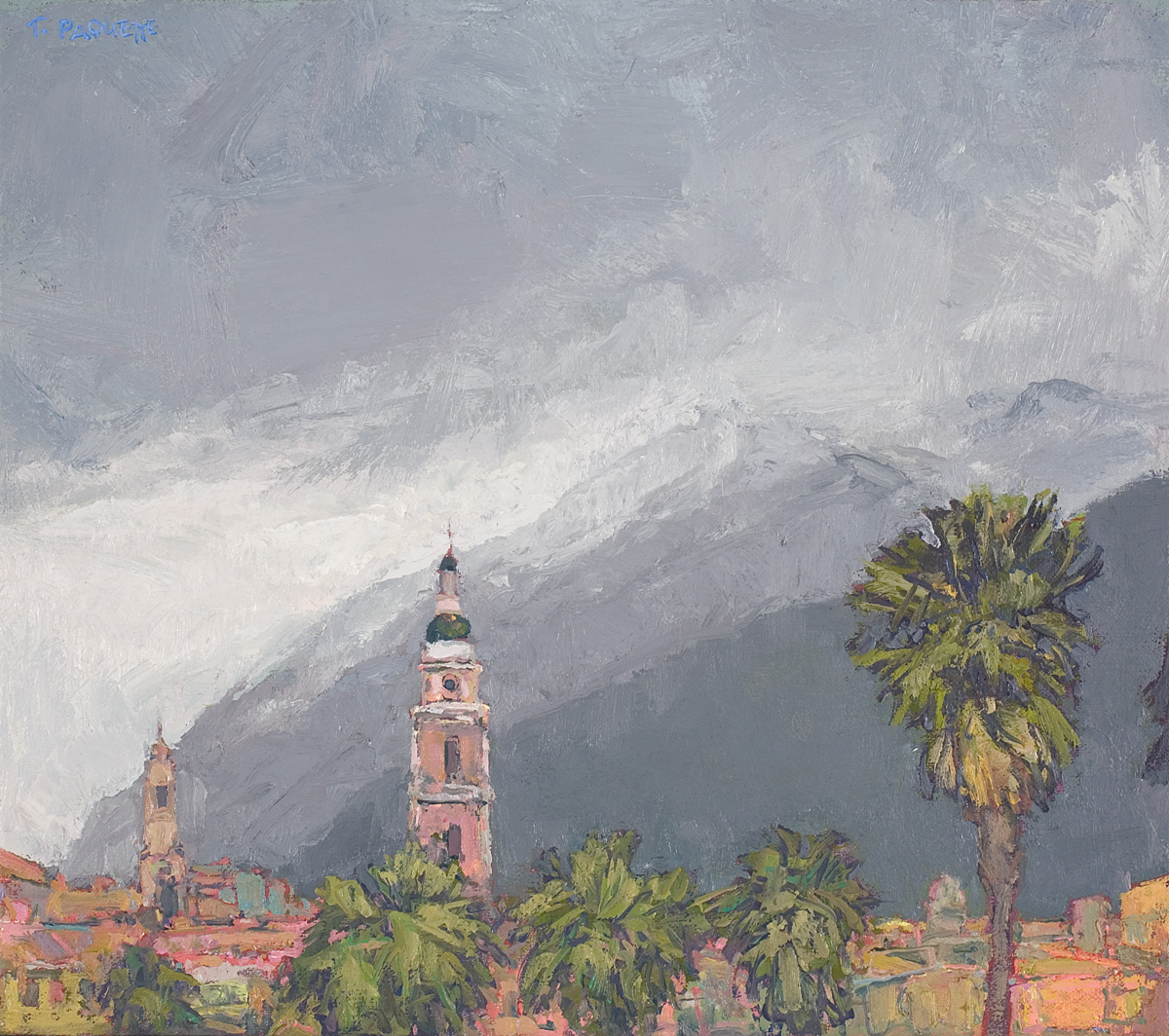 contemporary landscape oil painting of Menton, France