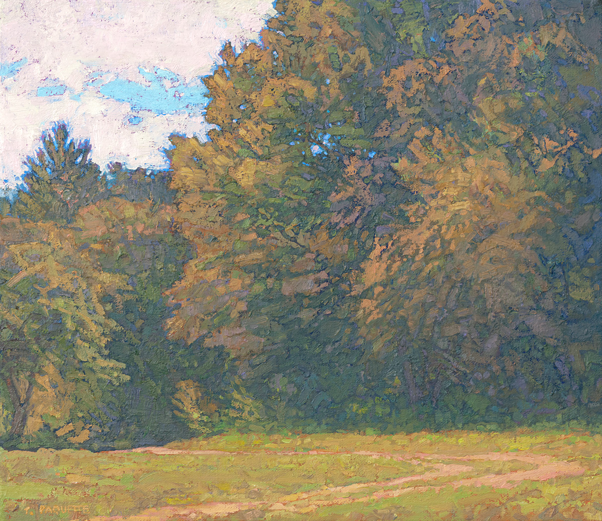 contemporary landscape oil painting of trees at field's edge