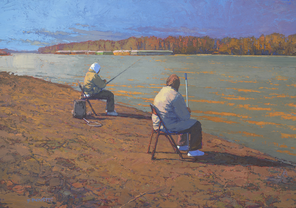 "Fishing Reverie" Mississippi River oil painting of fisherwomen
