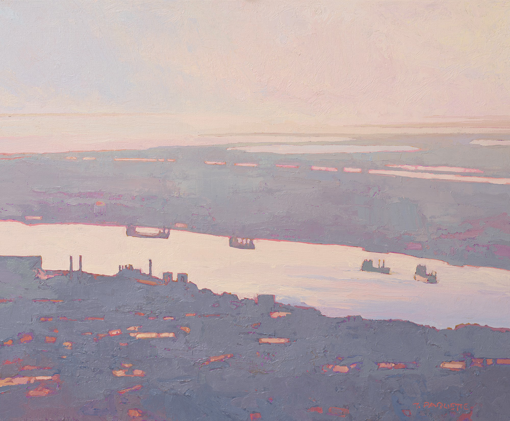 "Morning Traffic" river barges on Mississippi River at New Orleans oil painting