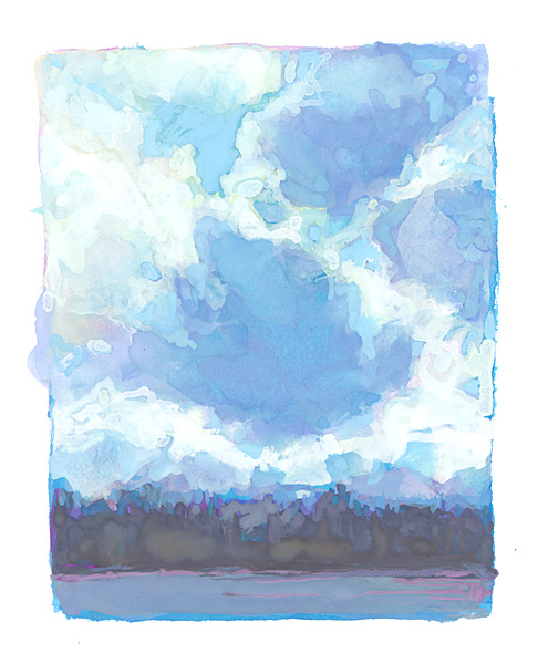 Boreal landscape painting in gouache, cloudscape