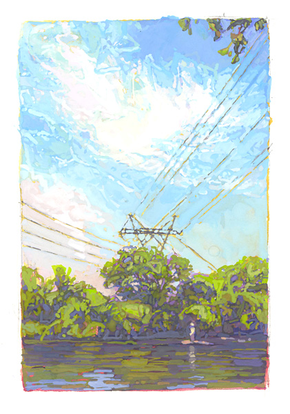 gouache painting of powerlines crossing the Mississippi River in Minneapolis